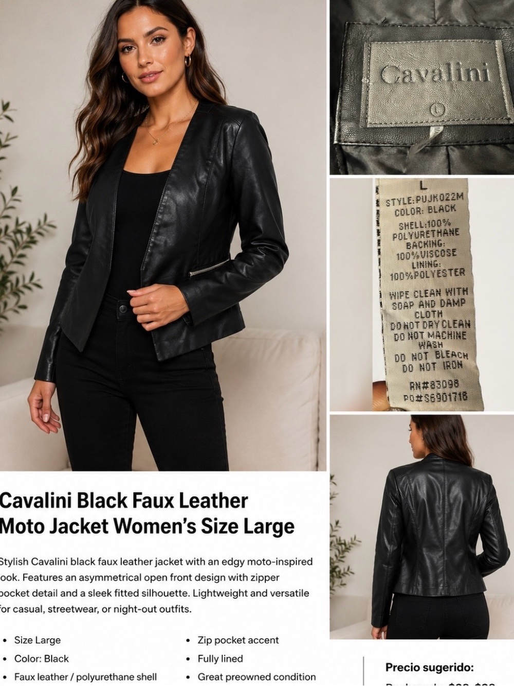 Cavalini Black Faux Leather Moto Jacket Women’s Size Large
